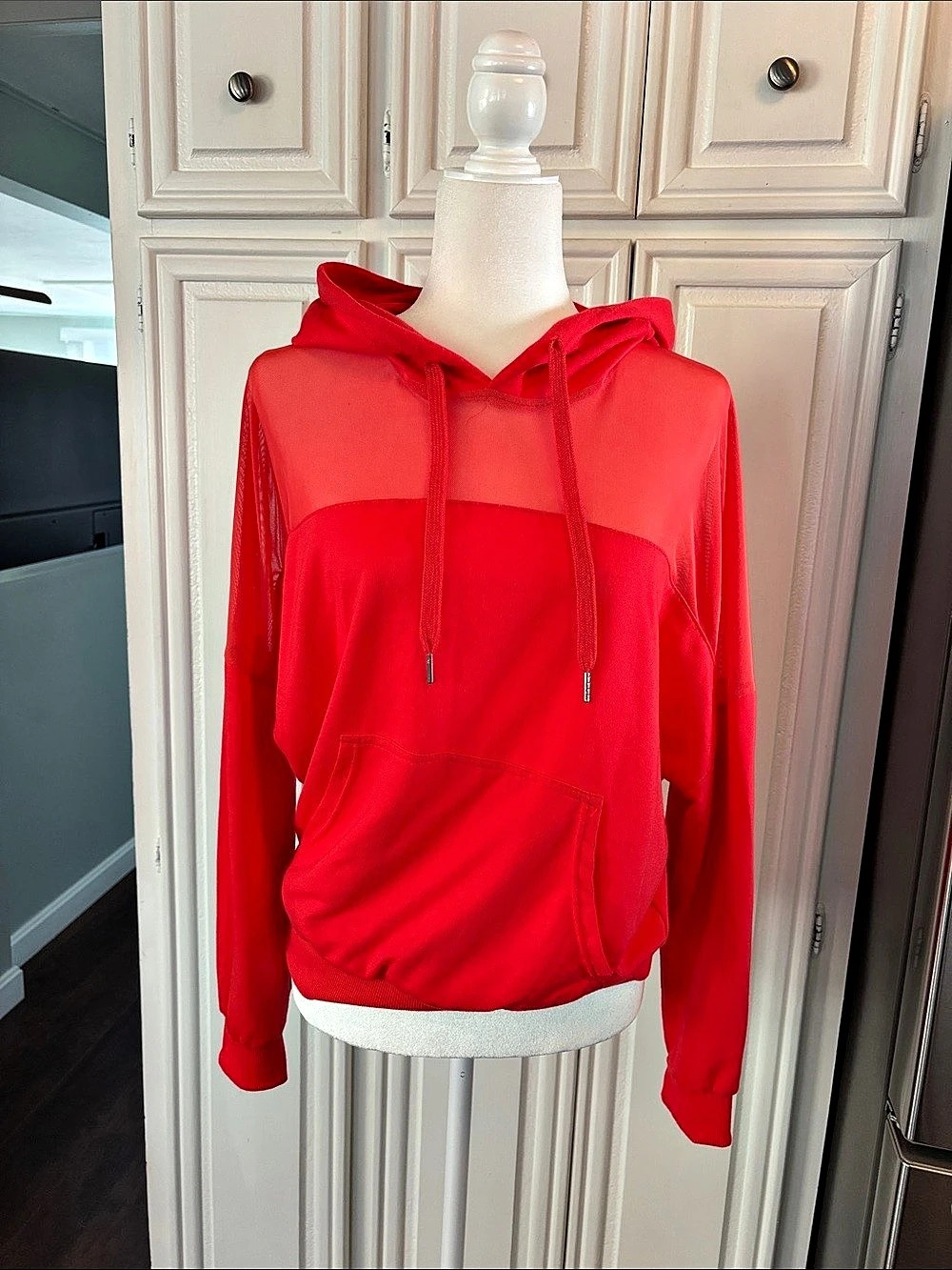 Miss Selfie Red Sheer Mesh Panel Hoodie Pullover Size M